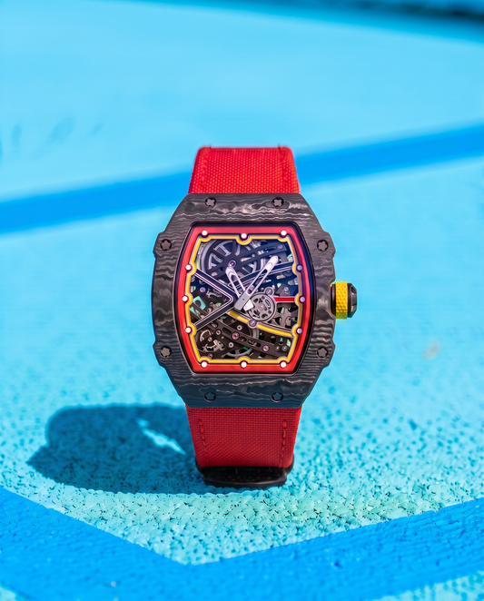 DM 35-10 Vermillion Grid skeleton watch by Di Monaco