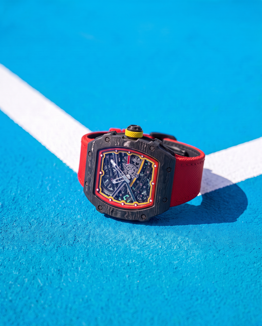 DM 35-10 Vermillion Grid skeleton watch, detail view